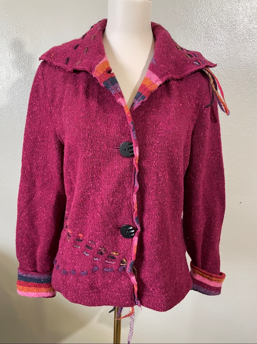 Artisan Wool Blend Berry Knit Cardigan Medium Button Boho Coat BETS Canvasbacks
